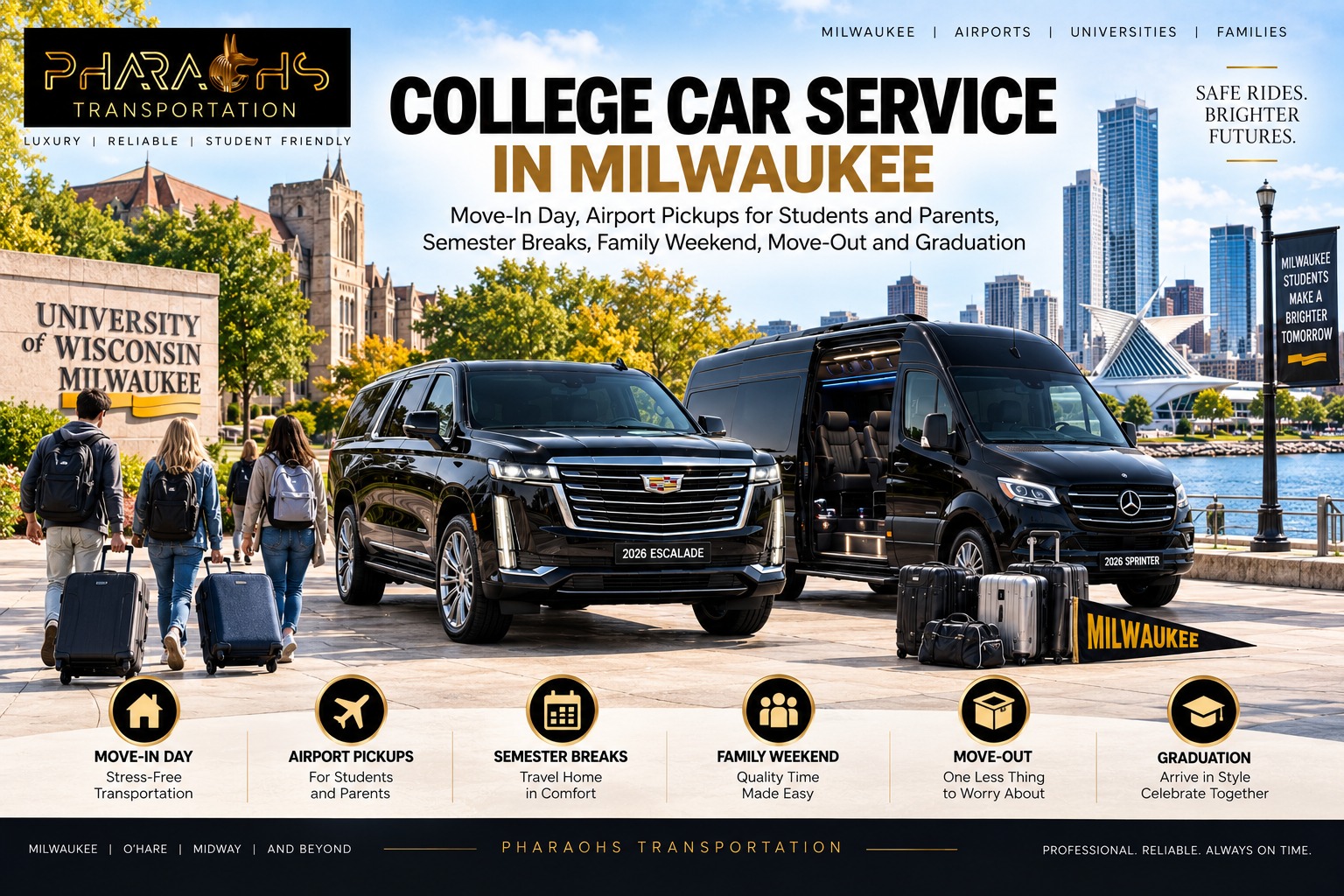 College car service in Milwaukee, with a black Cadillac Escalade and Mercedes Sprinter van near a university campus as students with luggage arrive, and the Milwaukee lakefront skyline behind