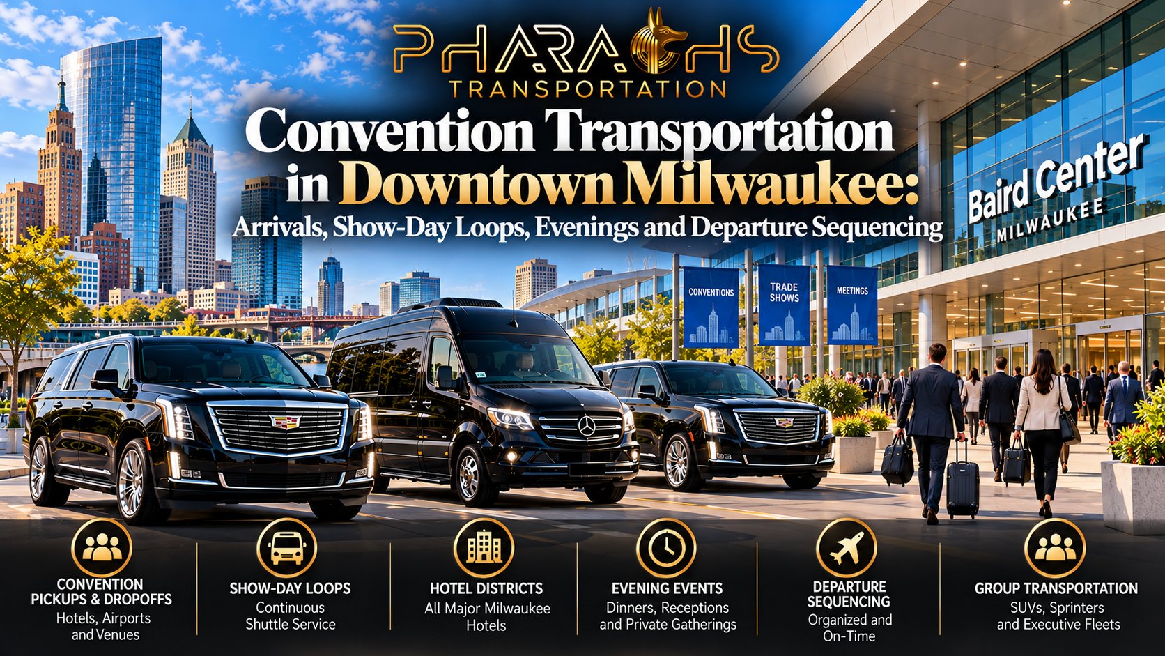 Pharaohs Transportation black Cadillac Escalades and Mercedes Sprinter van outside the Baird Center for convention transportation in downtown Milwaukee