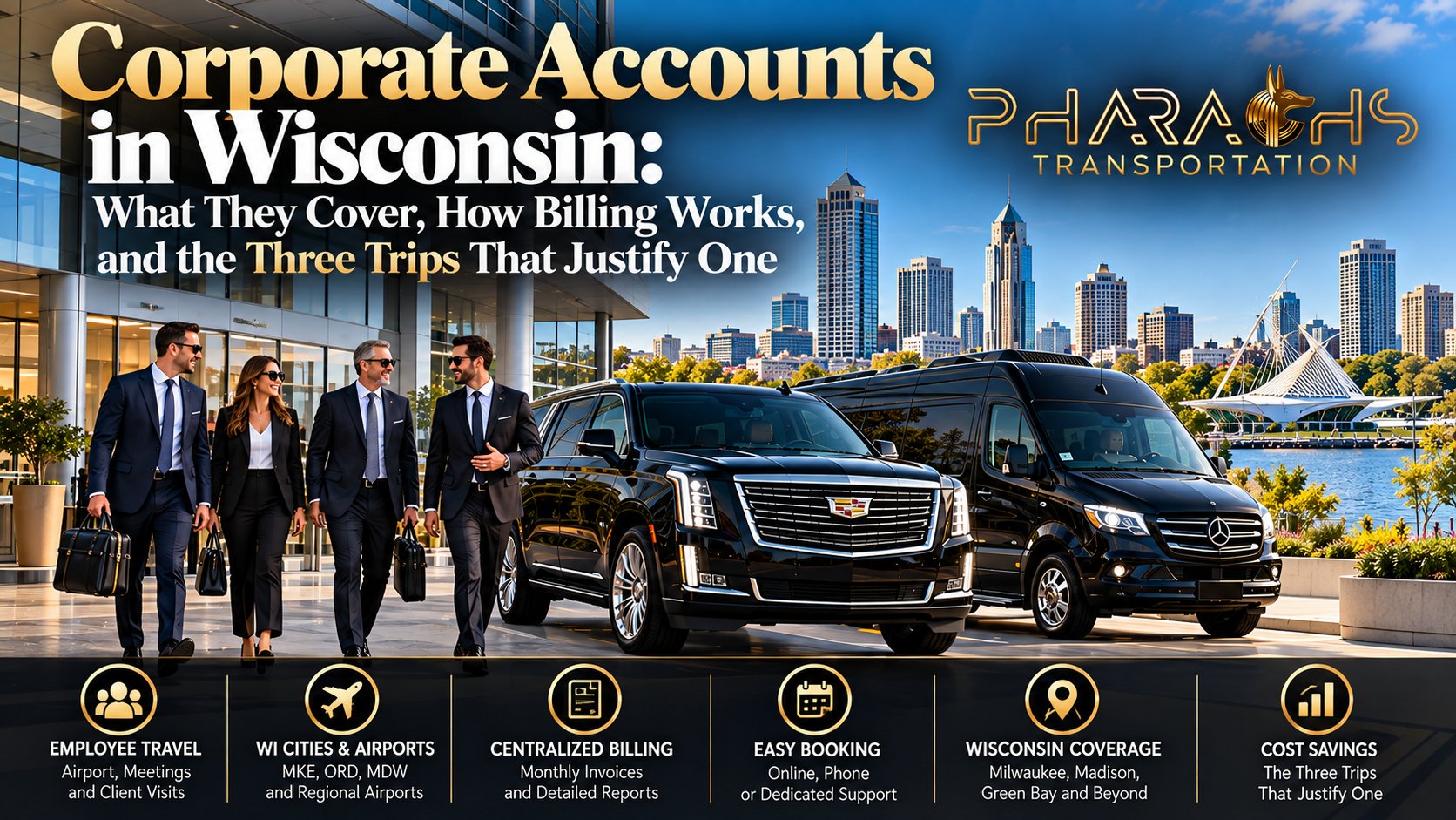 Business travelers walking to a Pharaohs Transportation black Cadillac Escalade and Mercedes Sprinter van for corporate car service in Wisconsin