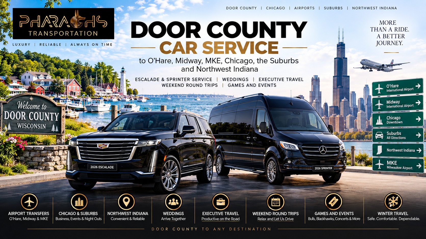 Door County car service to O'Hare, Midway, MKE, Chicago and Northwest Indiana, with a black Cadillac Escalade and Mercedes Sprinter van between a Door County harbor and the Chicago skyline