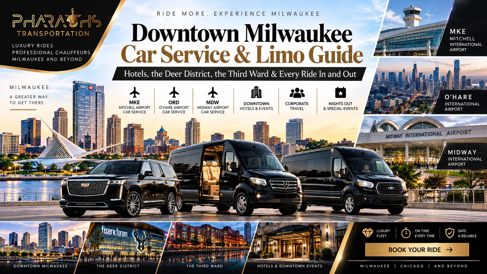 Downtown Milwaukee car service and limo by Pharaohs Transportation — Escalade SUV, Sprinter van, and Transit van on the lakefront with MKE, O'Hare, and Midway airports and the Deer District and Third Ward