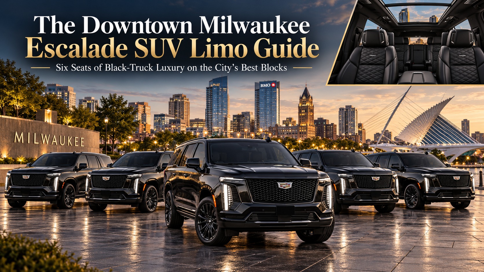 Downtown Milwaukee Escalade SUV limo by Pharaohs Transportation — fleet of black Cadillac Escalades on the Milwaukee lakefront with the skyline and Art Museum, plus the Escalade's quilted leather interior