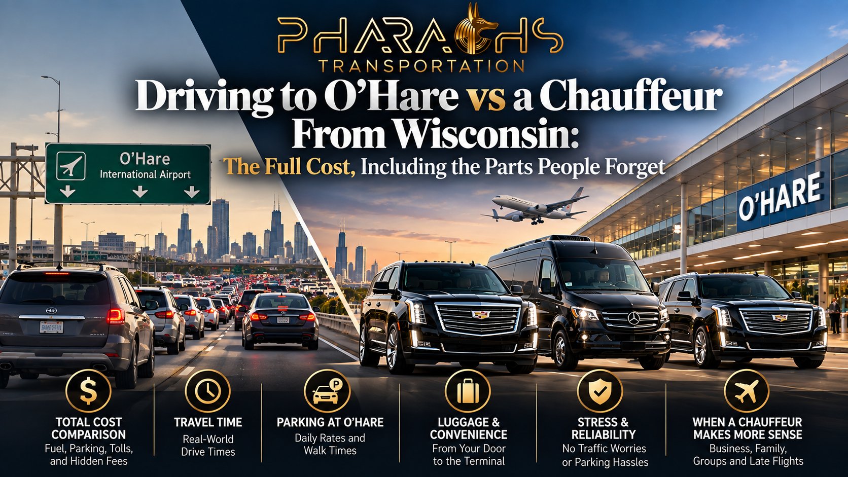 Wisconsin traffic heading to O'Hare beside Pharaohs Transportation black Cadillac Escalades and Mercedes Sprinter van at the terminal