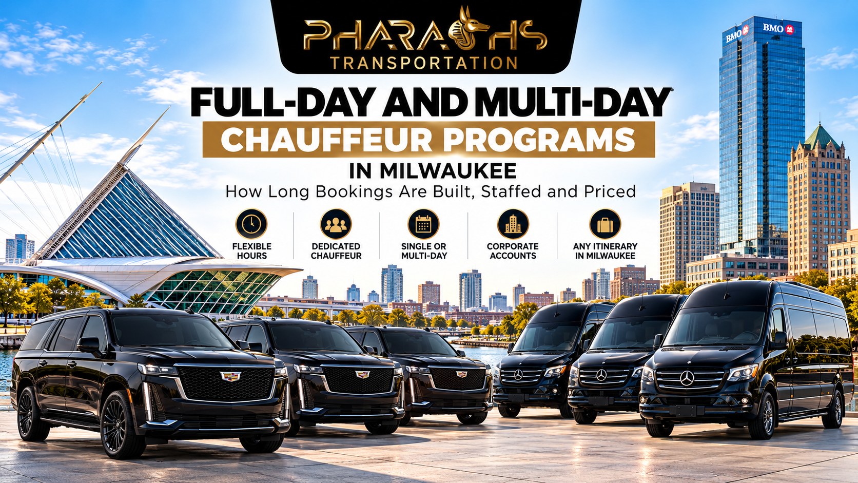 Full-day and multi-day chauffeur service in Milwaukee by Pharaoh's Transportation, Cadillac Escalades and Mercedes Sprinter vans on the lakefront