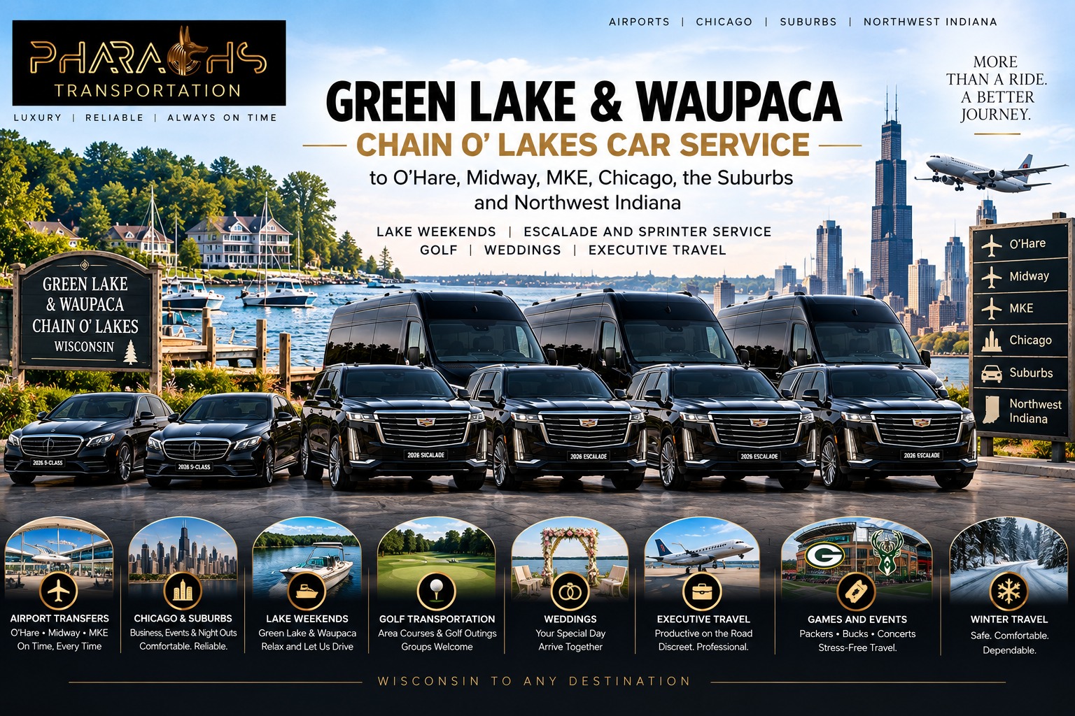 Green Lake and Waupaca Chain O' Lakes car service to O'Hare, Midway, MKE and Chicago, with a fleet of black Cadillac Escalades, Sprinter vans and S-Class sedans at a Wisconsin lakefront