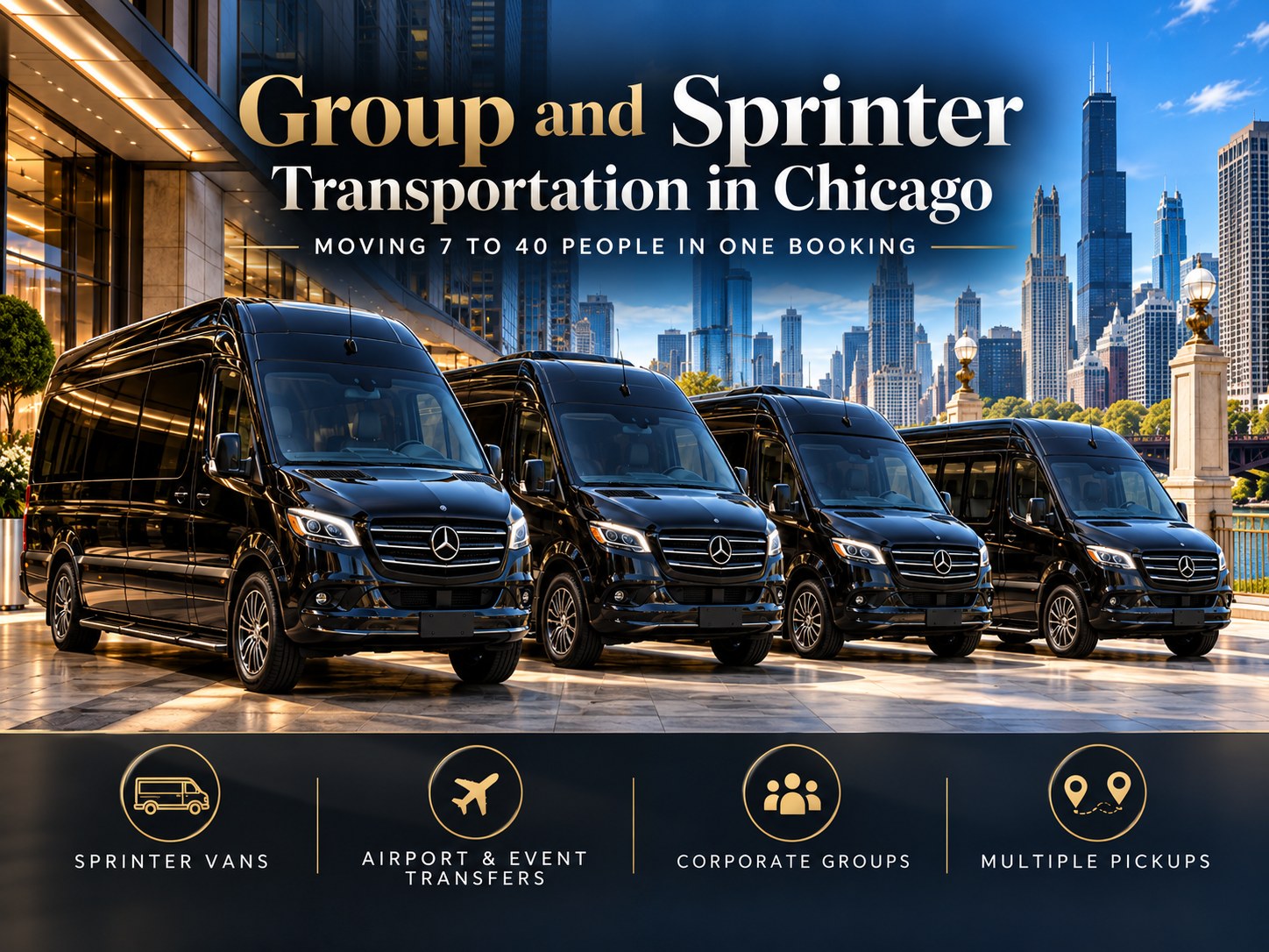 Group and Sprinter transportation in Chicago, four black Mercedes Sprinter vans at a downtown hotel by the Chicago River