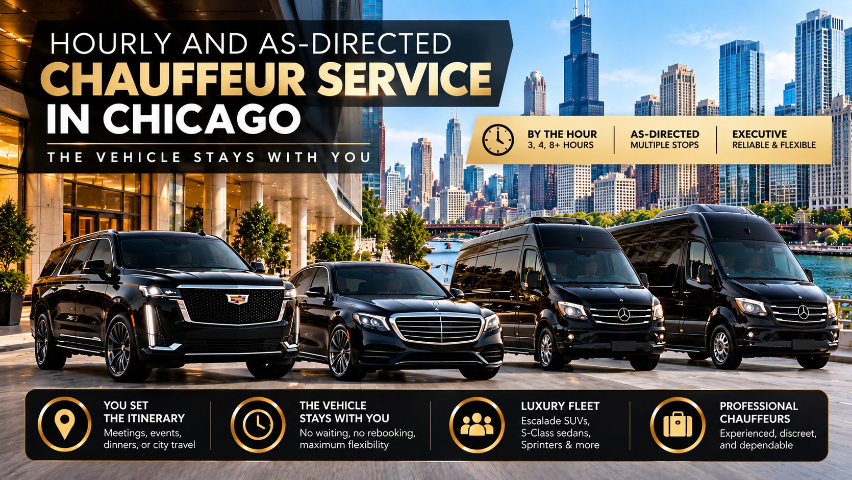 : Hourly and as-directed chauffeur service in Chicago, Cadillac Escalade, Mercedes S-Class and Sprinter vans by the Chicago River