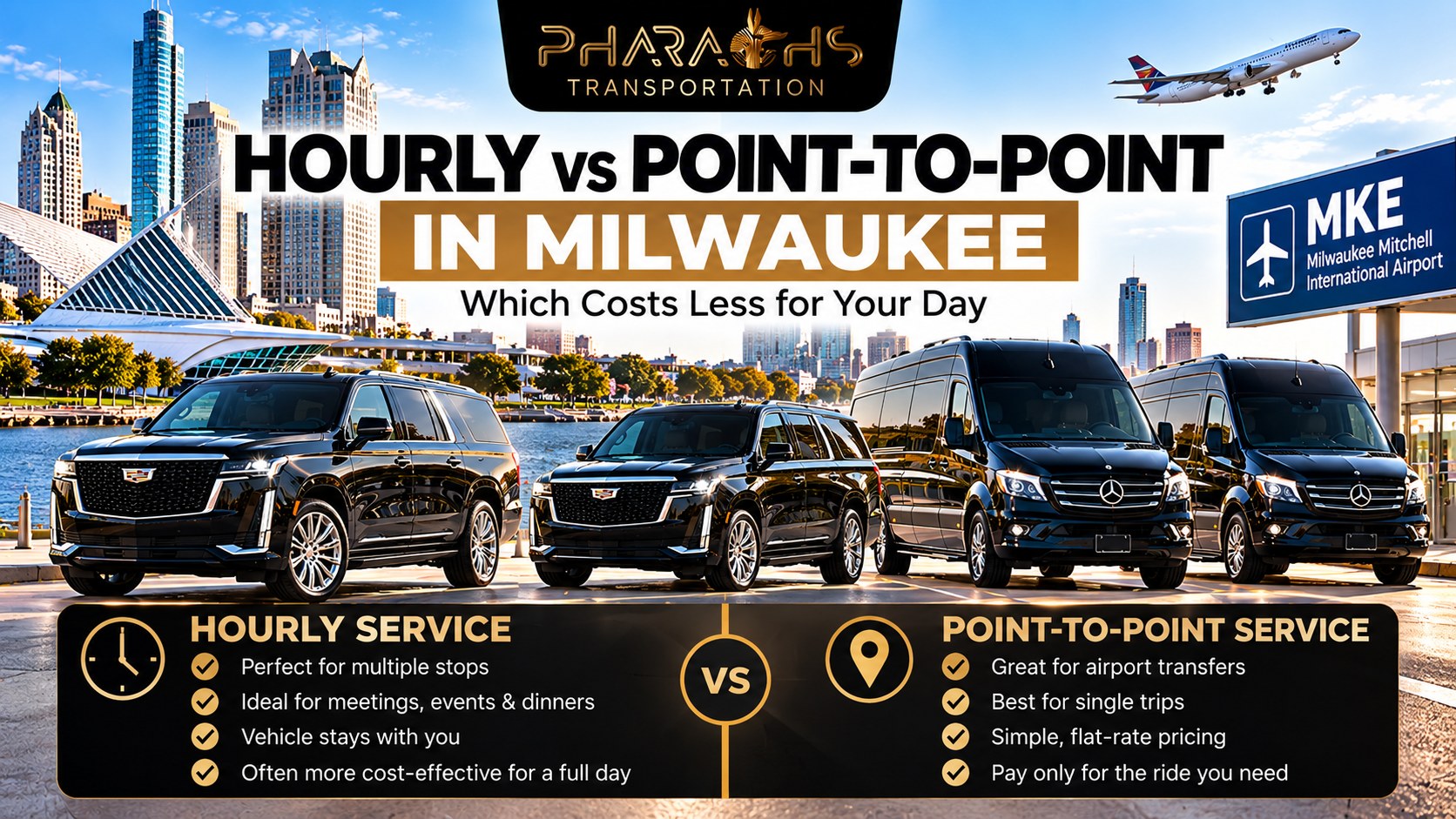 Hourly vs point-to-point car service in Milwaukee, Pharaohs Transportation Escalades and Sprinter vans