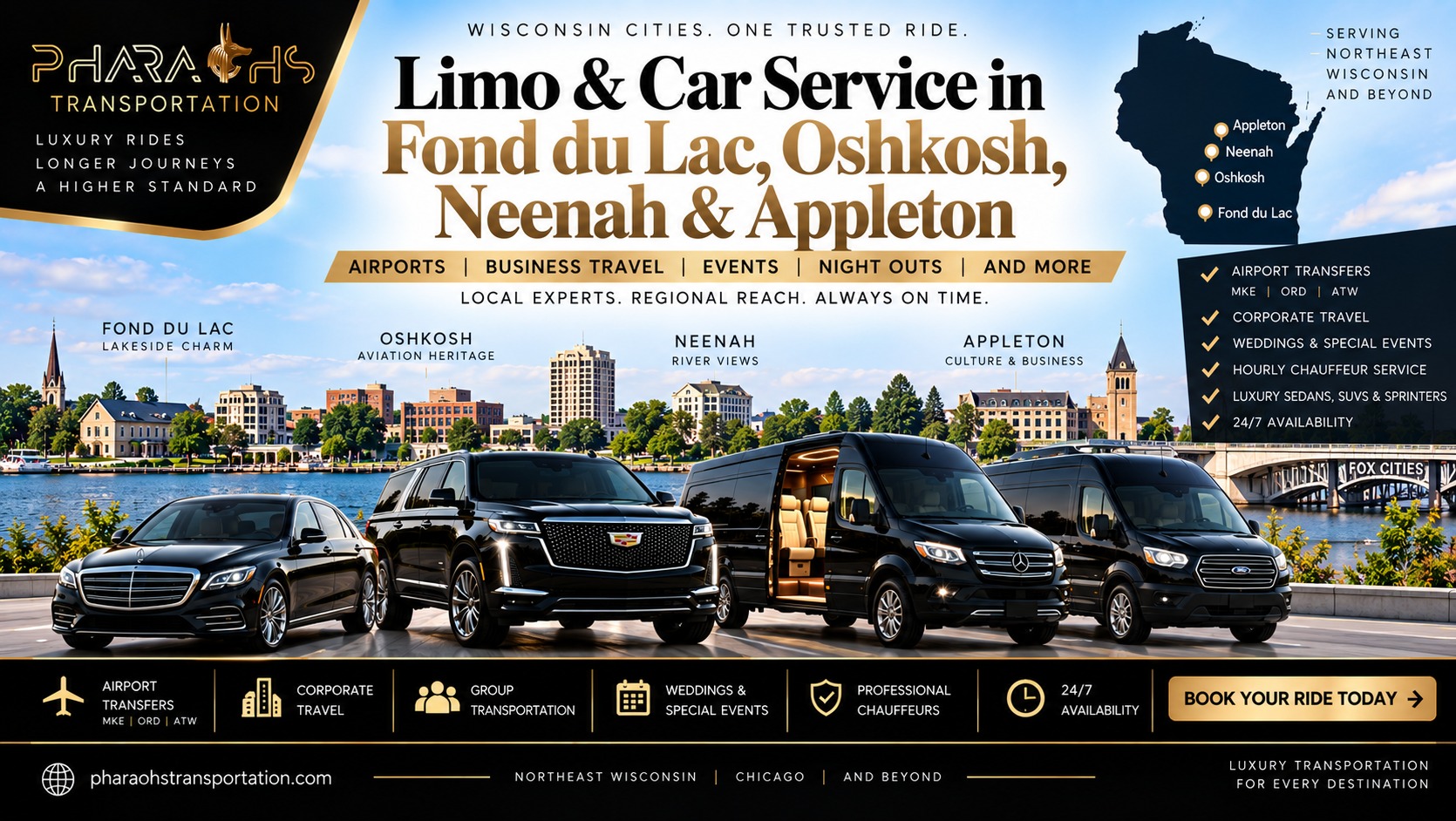 Limo and car service in Fond du Lac, Oshkosh, Neenah and Appleton by Pharaohs Transportation — luxury sedan, Escalade SUV, and Sprinter vans with a Northeast Wisconsin / Fox Cities map