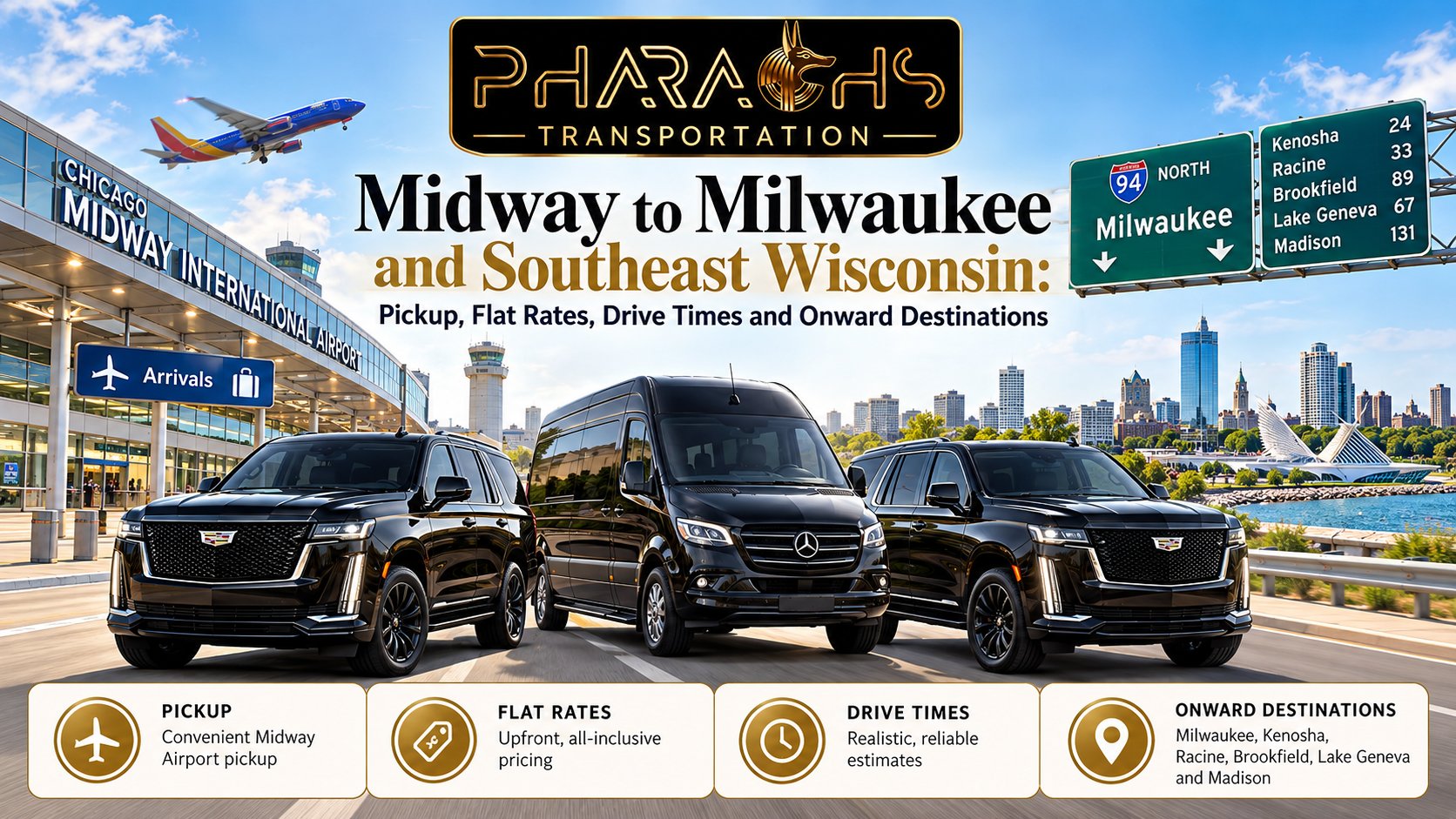 Midway to Milwaukee car service with flight tracking and meet-and-greet at one terminal. Flat rates, drive times, and trips to Kenosha, Racine and Madison.