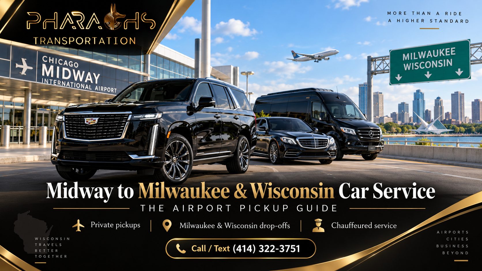 Pharaoh's Transportation black Cadillac Escalade, Mercedes S-Class and Sprinter for Midway to Milwaukee and Wisconsin car service at Chicago Midway Airport with the Milwaukee skyline