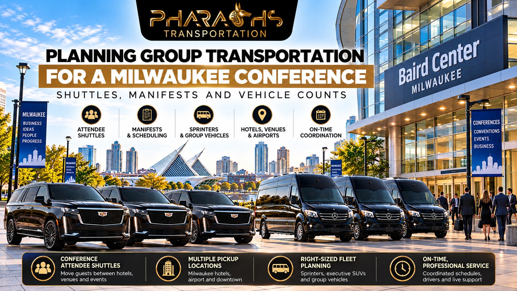 Milwaukee conference group transportation by Pharaoh's Transportation, Escalades and Sprinter vans outside the Baird Center