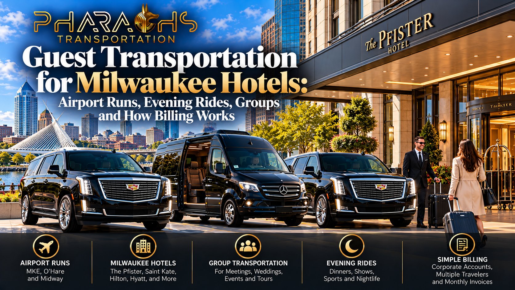 Pharaohs Transportation chauffeur greeting a hotel guest with luggage beside black Cadillac Escalades and a Mercedes Sprinter at a downtown Milwaukee hotel