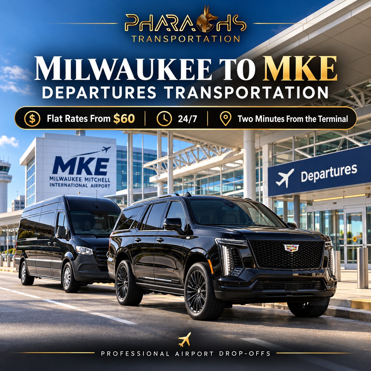 Milwaukee to MKE airport car service, Pharaohs Transportation Escalade and Sprinter at Mitchell departures
