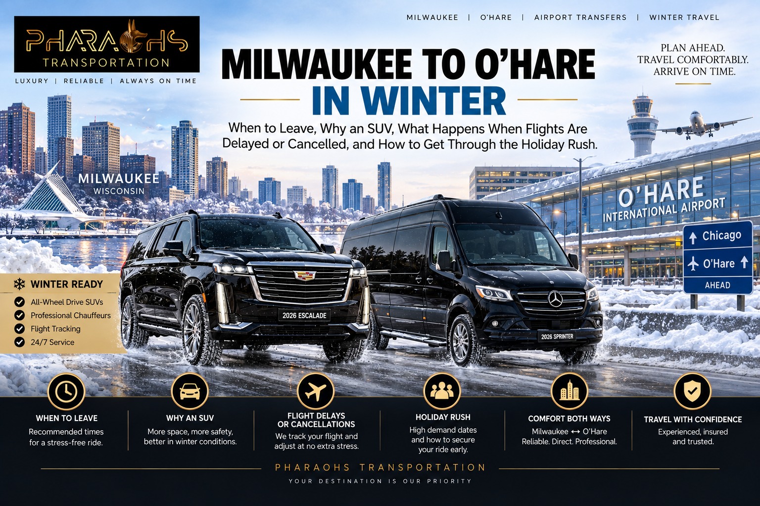 Milwaukee to O'Hare in winter, with a black Cadillac Escalade and Mercedes Sprinter van on a snowy road between the Milwaukee skyline and O'Hare International Airport