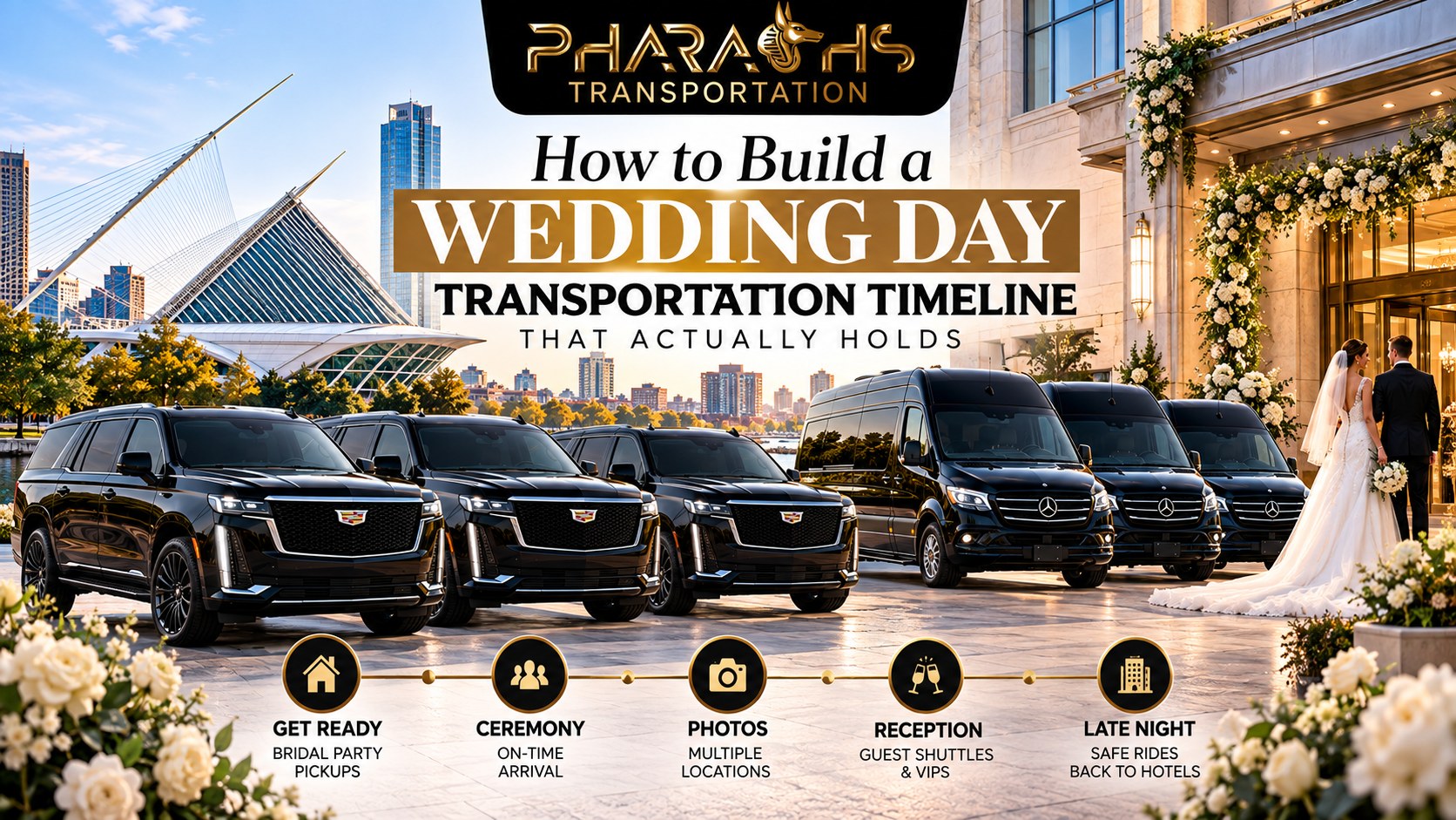 Milwaukee wedding transportation timeline by Pharaoh's Transportation, Cadillac Escalades and Mercedes Sprinter vans with a bride and groom at the venue