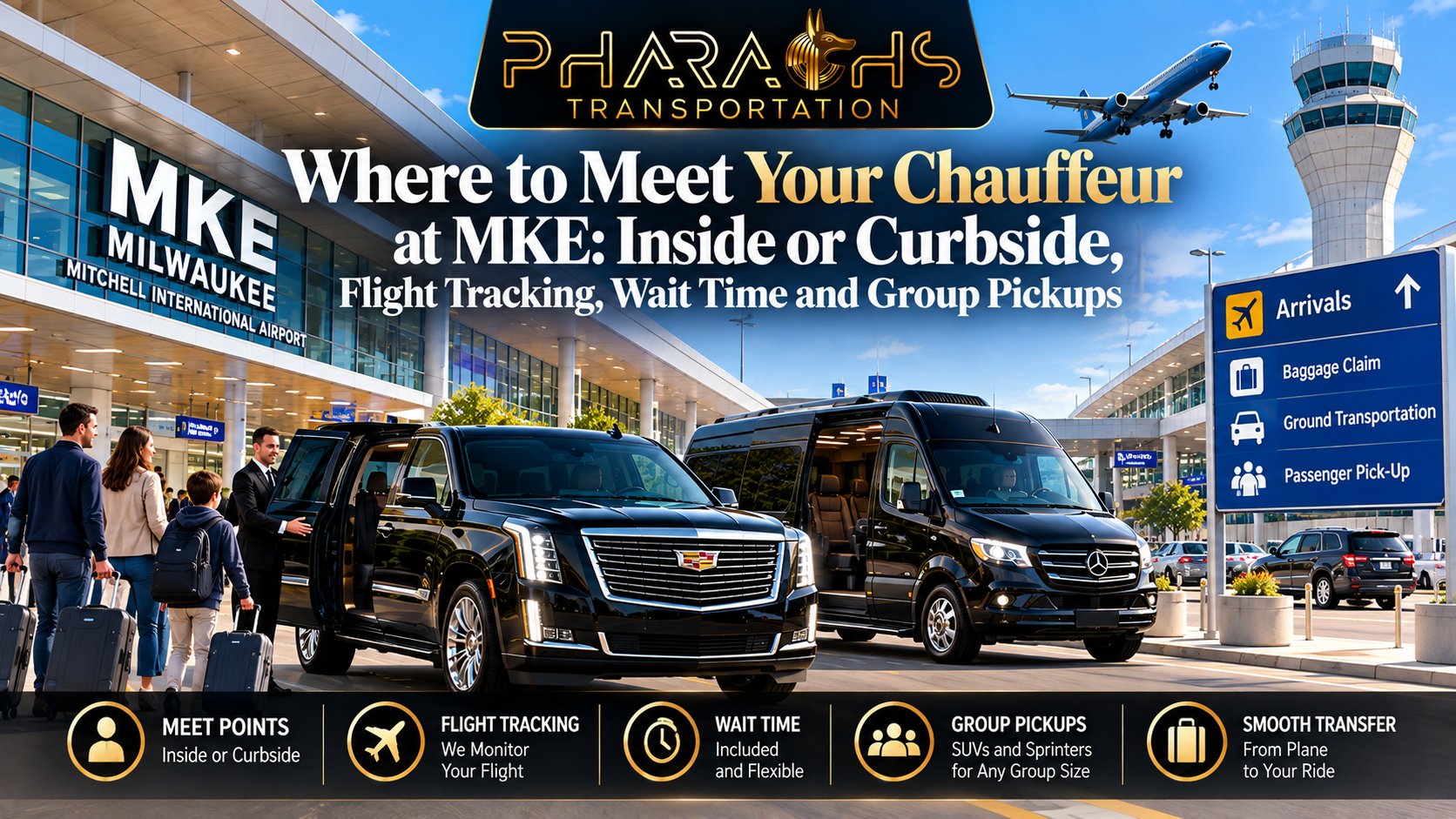 Pharaohs Transportation chauffeur greeting a family with luggage beside a black Cadillac Escalade and Mercedes Sprinter at Milwaukee Mitchell Airport