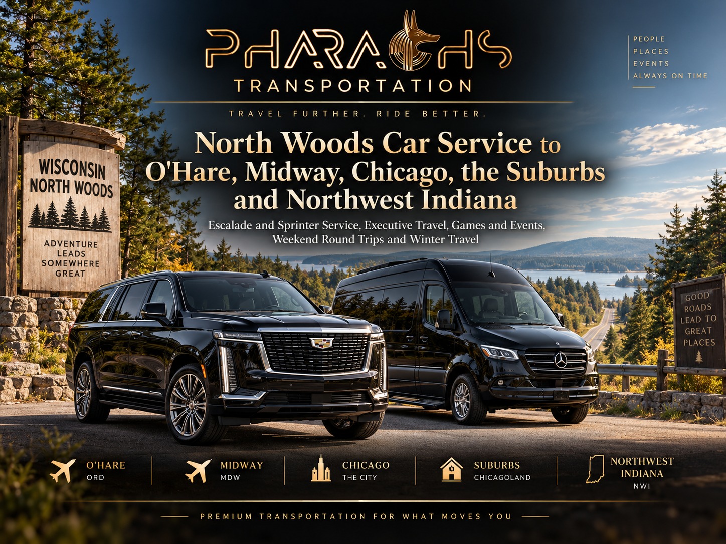 North Woods car service to O'Hare, Midway, Chicago and Northwest Indiana, with a black Cadillac Escalade and Mercedes Sprinter van on a Wisconsin North Woods overlook
