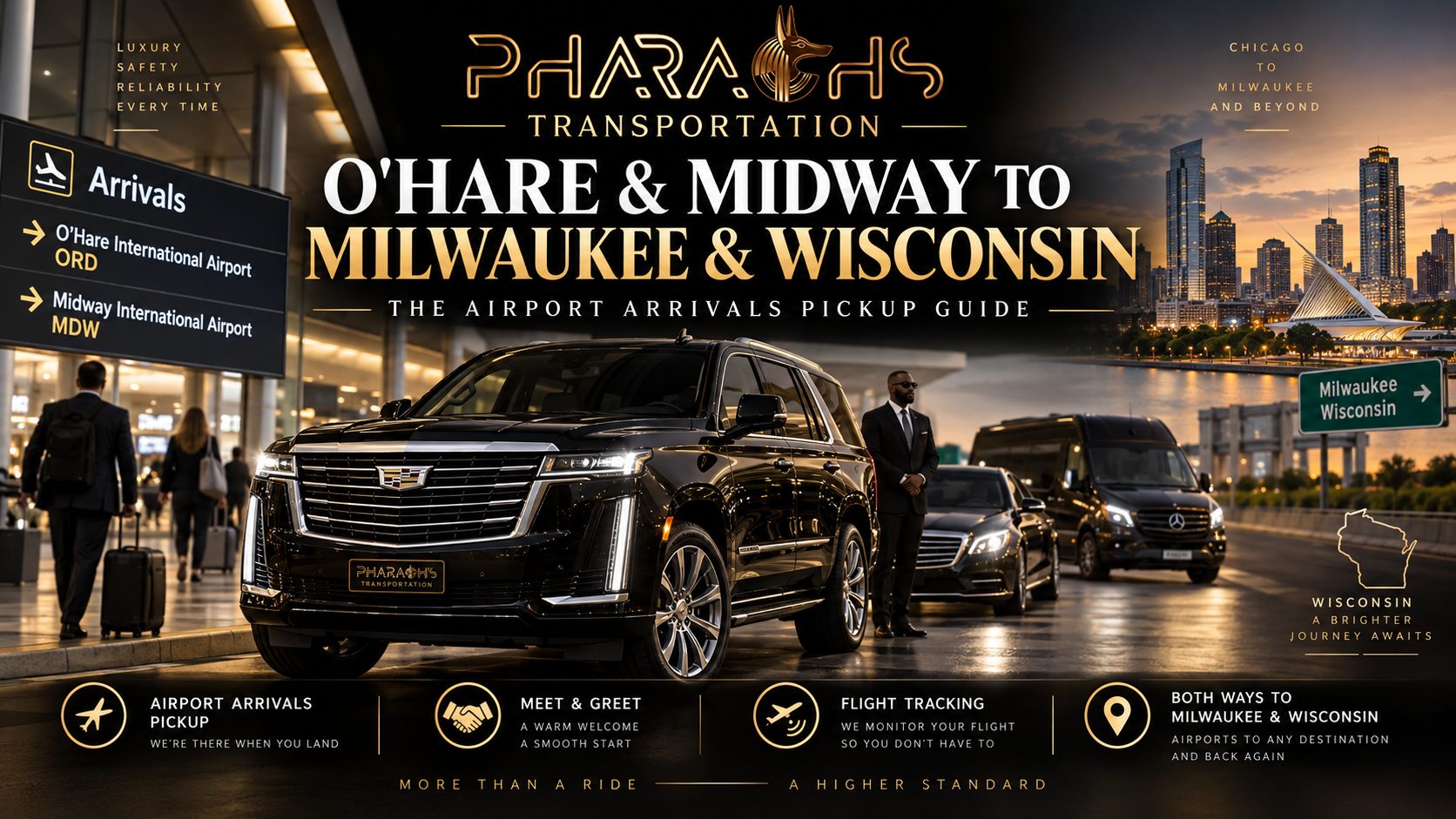Pharaoh's Transportation black Cadillac Escalade, sedan and Sprinter with chauffeur at O'Hare and Midway arrivals for airport pickup to Milwaukee and Wisconsin Title: O'Hare & Midway to Milwaukee & Wisconsin — Airport Arrivals Pickup — Pharaoh's Transportation