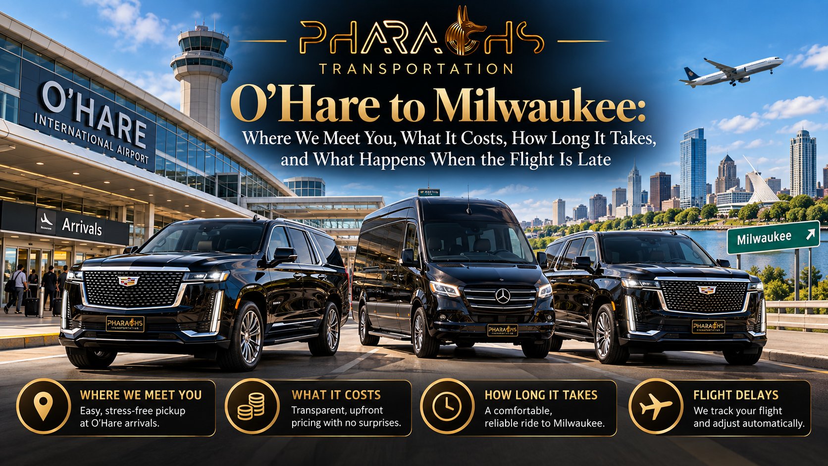 Pharaohs Transportation black Cadillac Escalades and Mercedes Sprinter van for O'Hare to Milwaukee car service