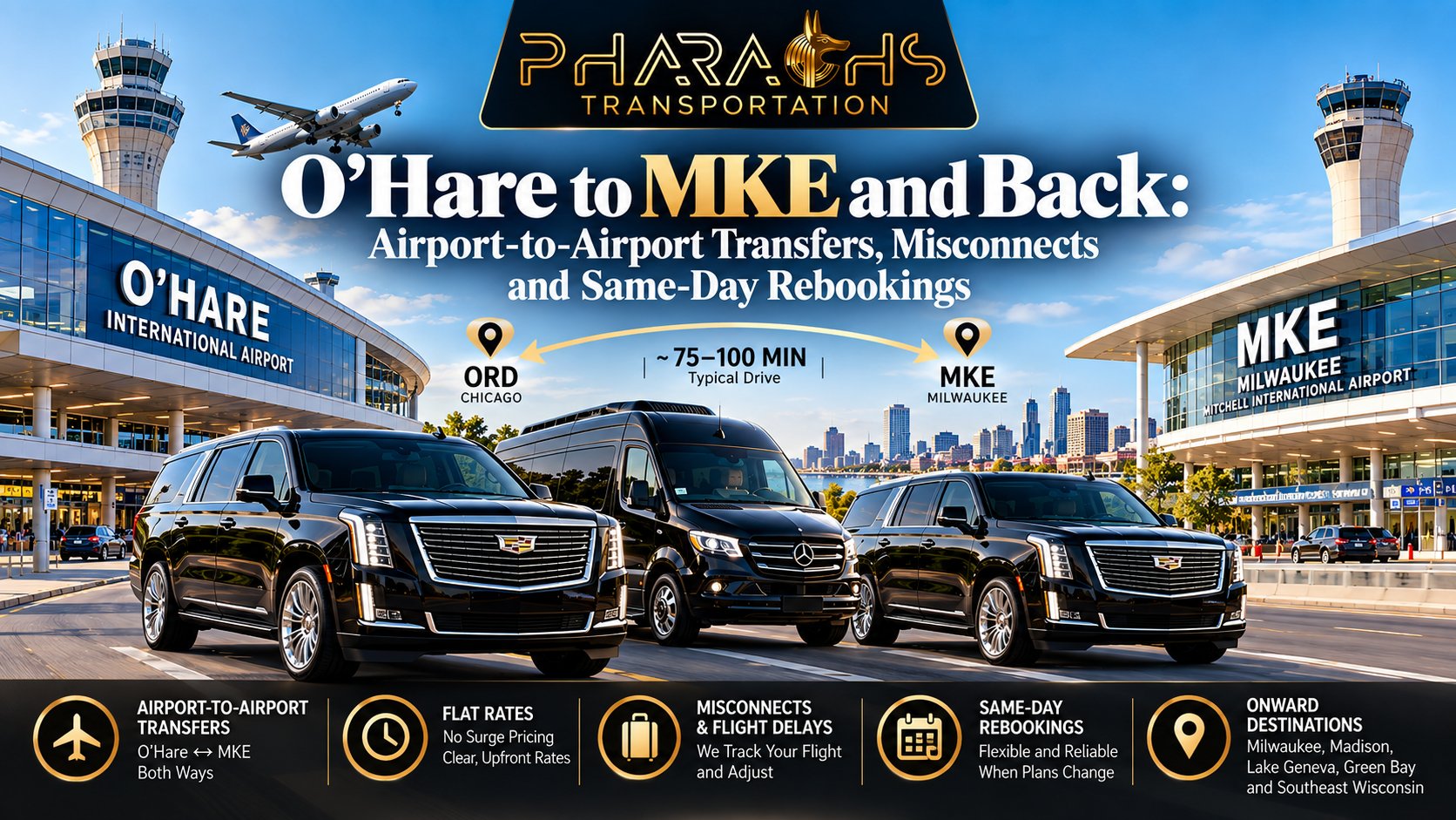 Pharaohs Transportation black Cadillac Escalades and Mercedes Sprinter van for O'Hare to Milwaukee Mitchell Airport transfers