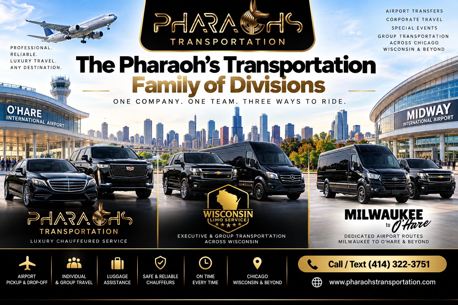 Pharaoh's Transportation family of divisions — Pharaoh's Transportation, Wisconsin Limo Service, and Milwaukee to O'Hare — luxury fleet at O'Hare and Midway with the Chicago skyline, one company serving Wisconsin and Chicago
