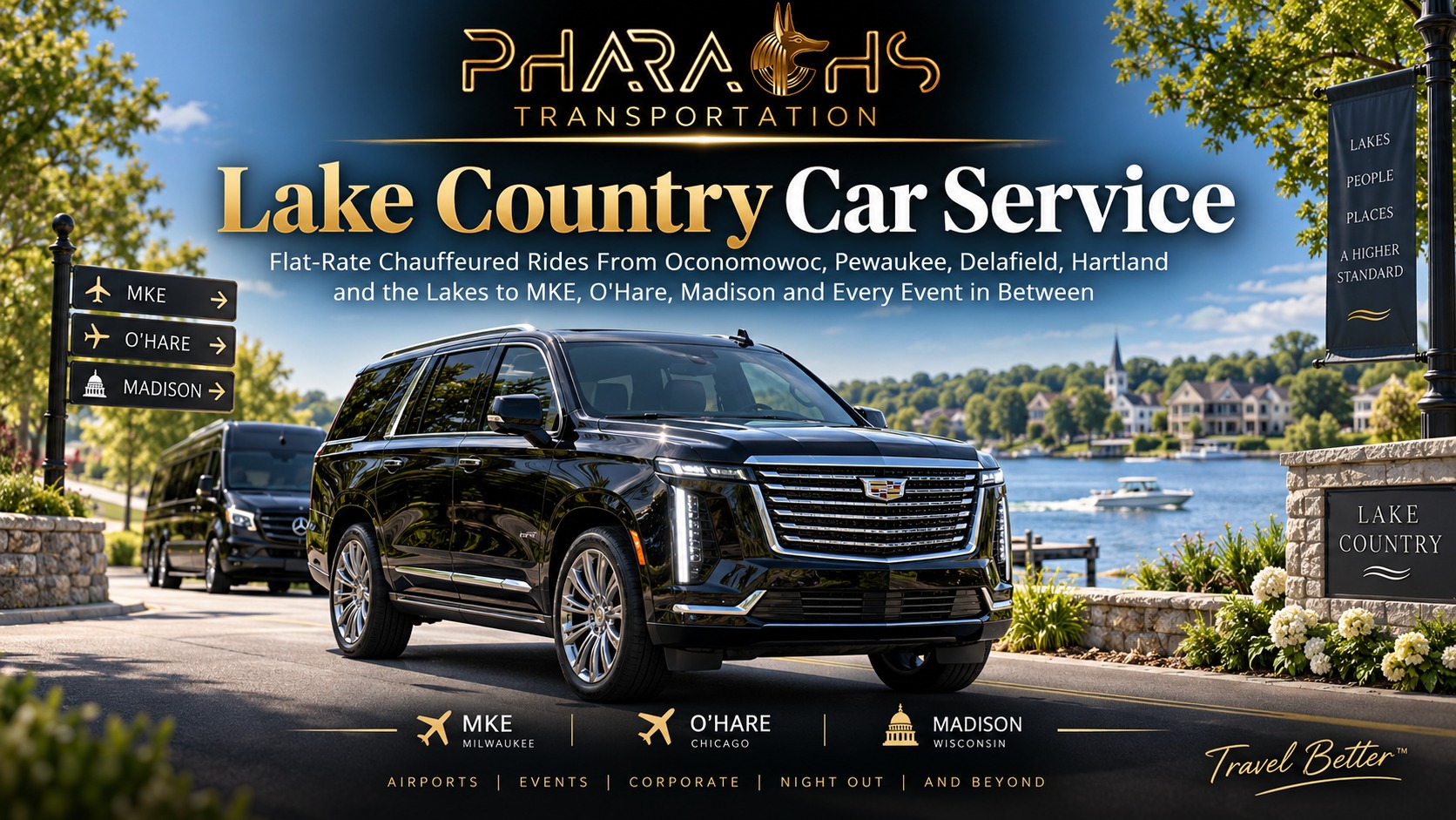 Lake Country car service by Pharaohs Transportation: chauffeured Cadillac Escalade SUV and Mercedes Sprinter serving Oconomowoc, Pewaukee, Delafield and Hartland to Milwaukee airport, O'Hare and Madison