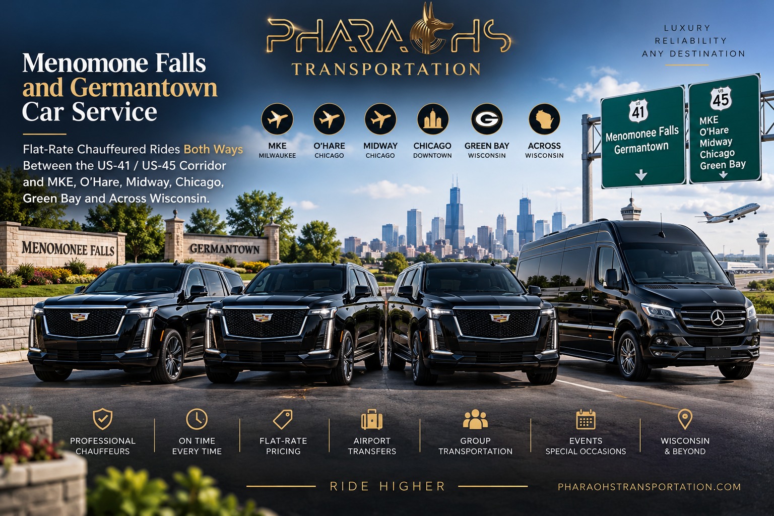 Menomonee Falls and Germantown car service by Pharaohs Transportation: chauffeured Cadillac Escalade SUVs and Mercedes Sprinter van serving the US-41/US-45 corridor to MKE, O'Hare, Midway, Chicago and Green Bay