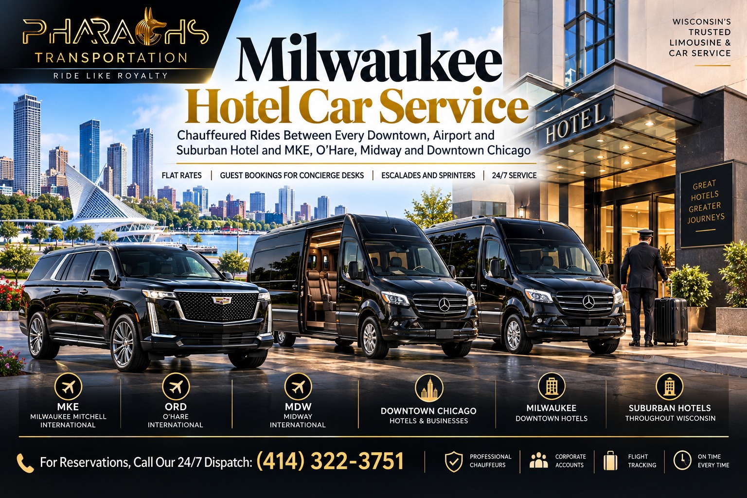 Milwaukee hotel car service by Pharaohs Transportation: chauffeured Cadillac Escalade and Mercedes Sprinter rides between downtown, airport and suburban hotels and MKE, O'Hare, Midway and downtown Chicago