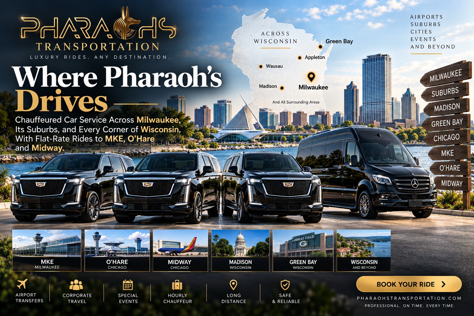 Milwaukee car service by Pharaohs Transportation: chauffeured Cadillac Escalade SUVs and Mercedes Sprinter van serving Milwaukee suburbs, Madison, Green Bay and all of Wisconsin with flat-rate rides to MKE, O'Hare and Midway