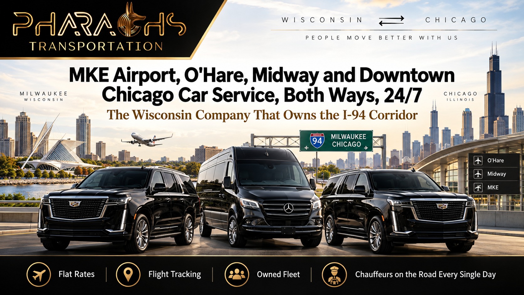 Milwaukee to Chicago car service by Pharaohs Transportation: chauffeured Cadillac Escalade SUVs and Mercedes Sprinter van on the I-94 corridor between MKE Airport, O'Hare, Midway and downtown Chicago, both ways, 24/7