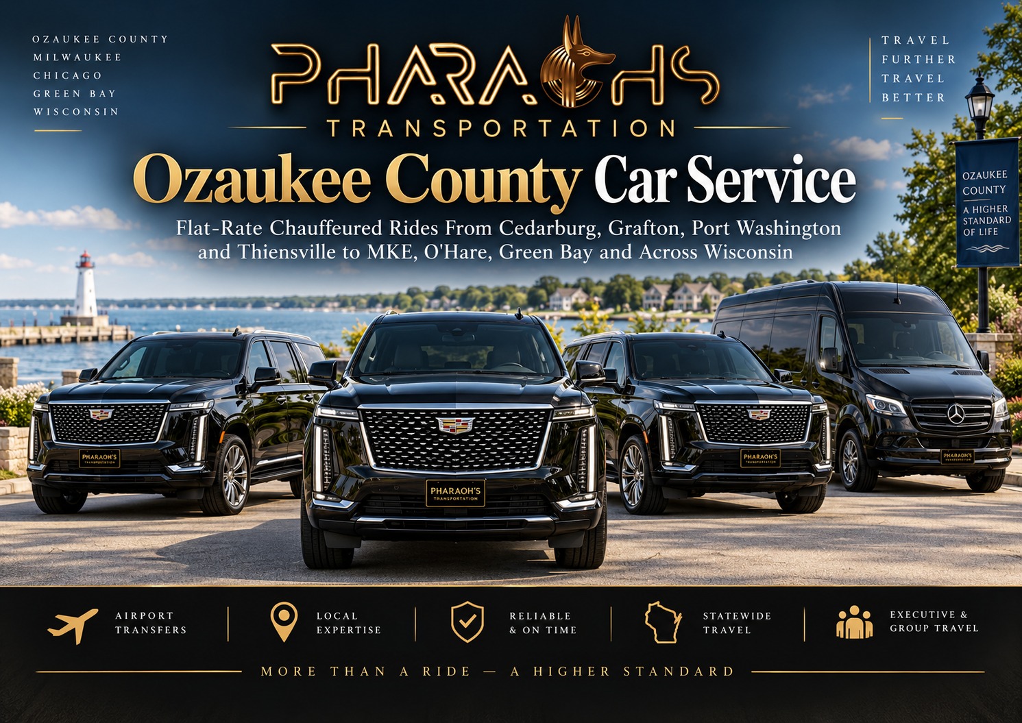 Ozaukee County car service by Pharaohs Transportation: chauffeured Cadillac Escalade SUVs and Mercedes Sprinter van serving Cedarburg, Grafton, Port Washington and Thiensville to MKE, O'Hare and Green Bay