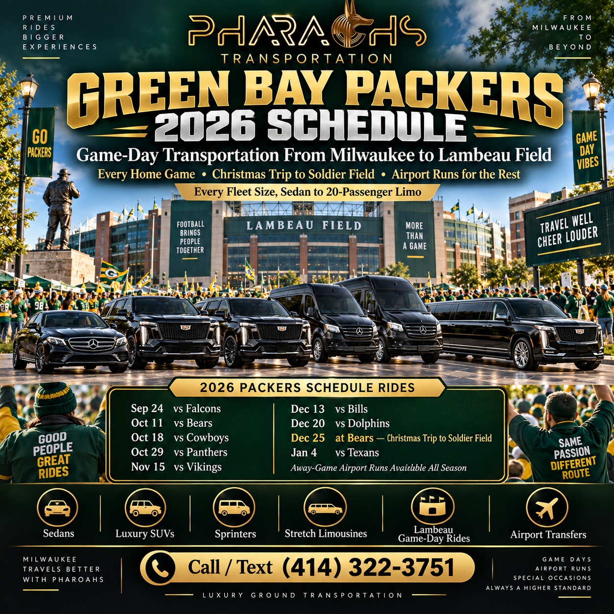 Pharaohs Transportation luxury fleet outside Lambeau Field with the 2026 Green Bay Packers game-day schedule, Milwaukee to Green Bay