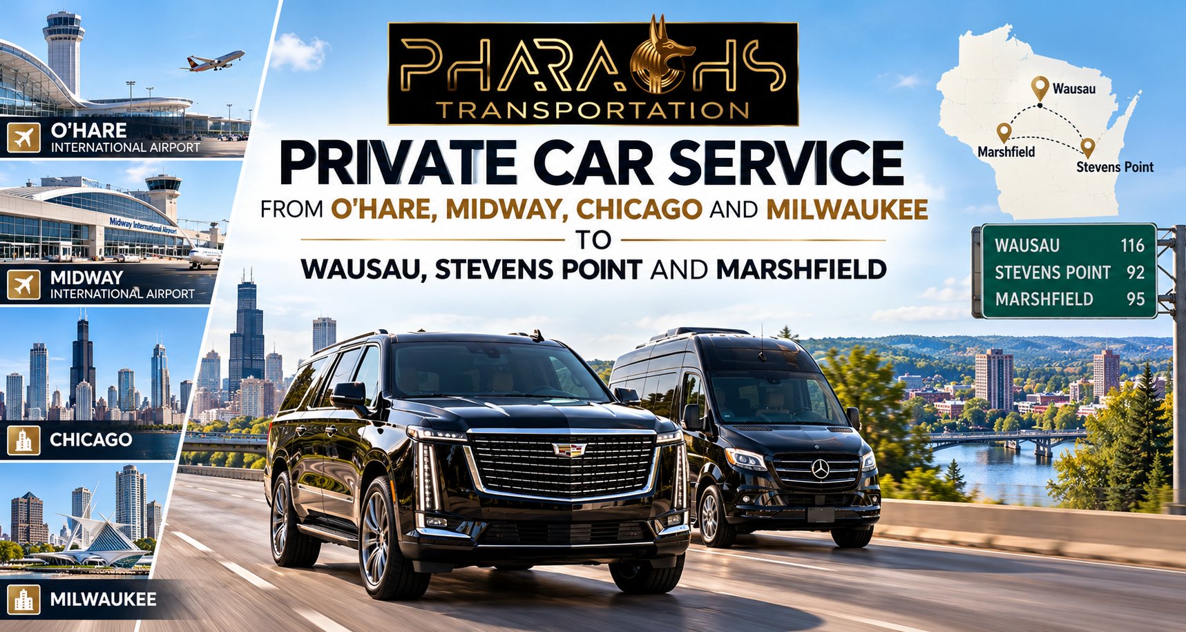 Pharaohs Transportation private car service from O'Hare, Midway, Chicago and Milwaukee to Wausau, Stevens Point and Marshfield