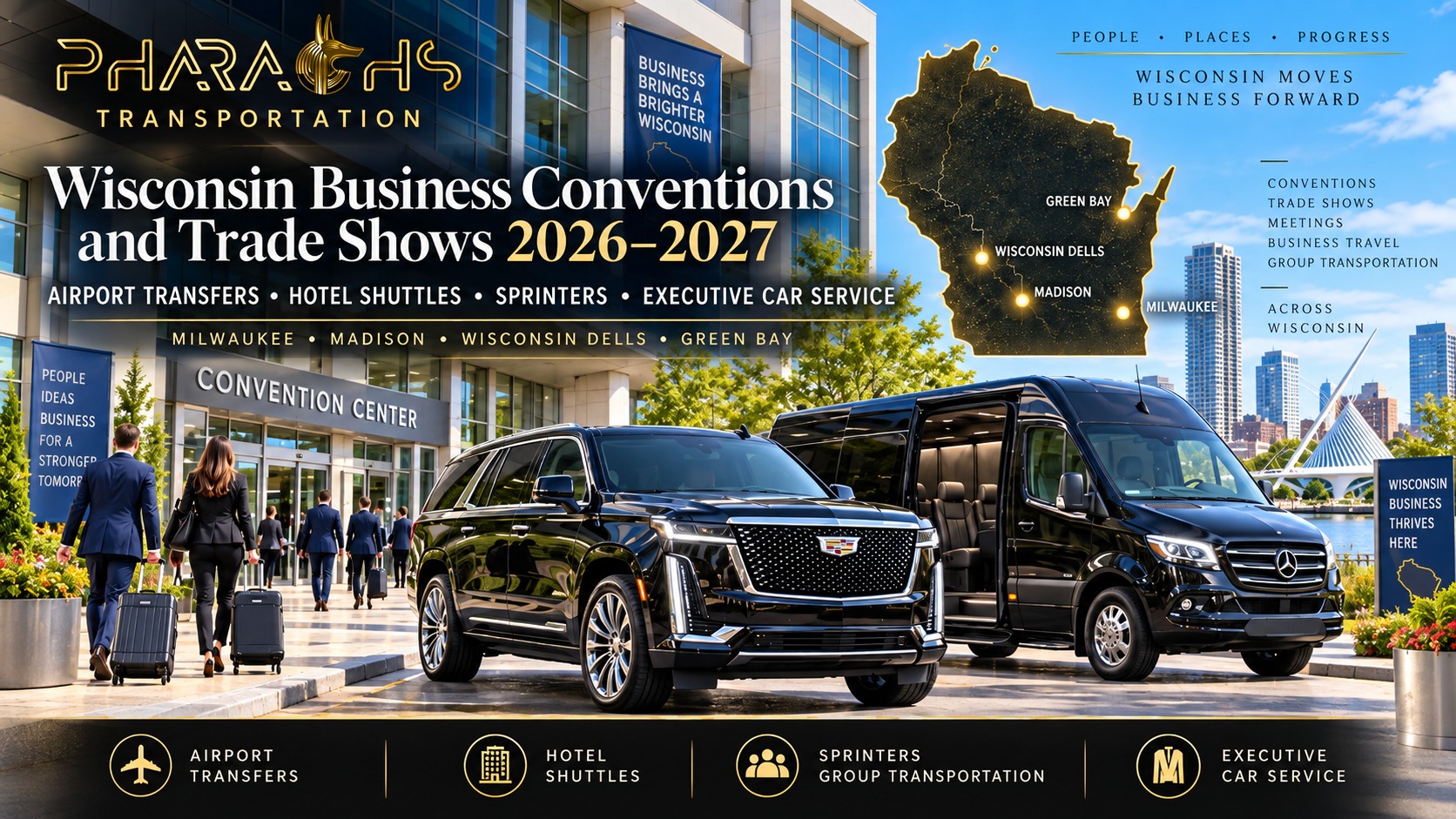 Wisconsin business convention and trade show transportation by Pharaohs Transportation: airport transfers, hotel shuttles, Mercedes Sprinters and executive Cadillac Escalade car service in Milwaukee, Madison, Wisconsin Dells and Green Bay