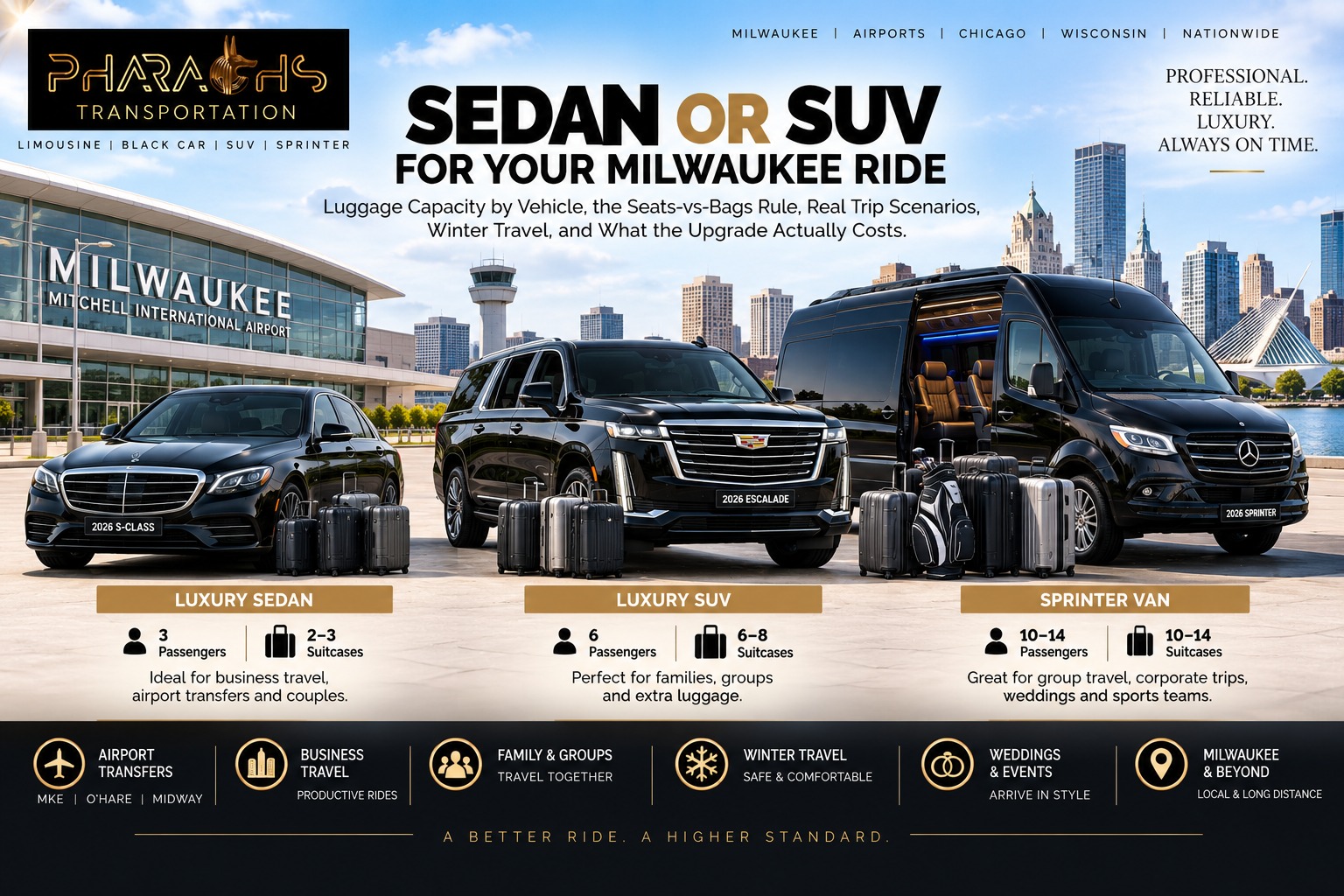 Sedan or SUV for your Milwaukee ride, comparing a black Mercedes S-Class, Cadillac Escalade and Sprinter van with their luggage outside Milwaukee Mitchell International Airport