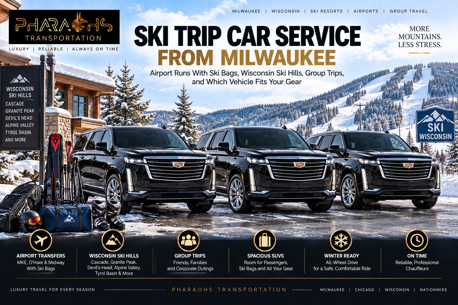 Ski trip car service from Milwaukee, with three black Cadillac Escalades at a snowy ski lodge beside skis, boots and gear bags, with ski slopes behind