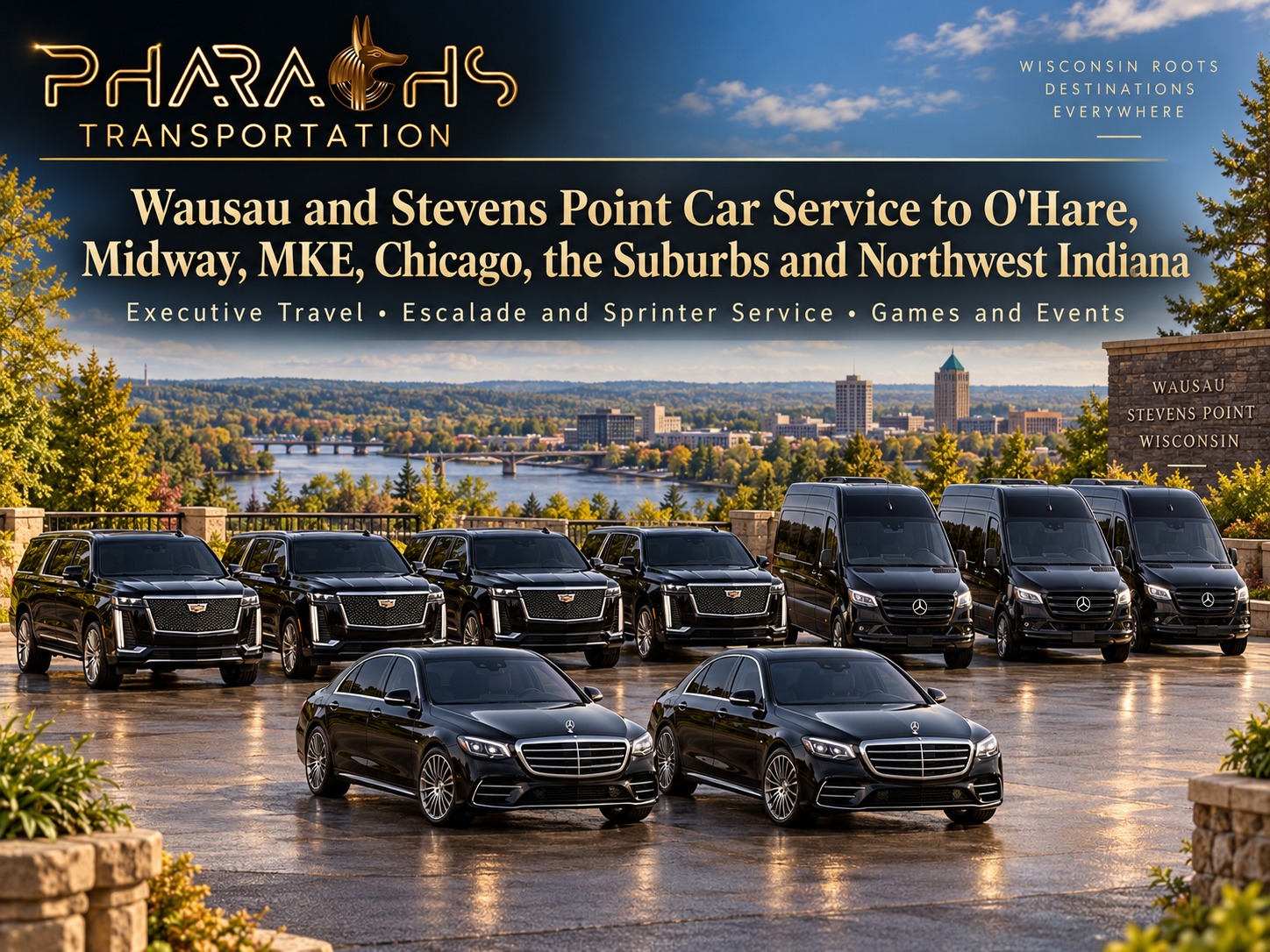 Wausau and Stevens Point car service to O'Hare, Midway, MKE and Chicago, with a fleet of black Cadillac Escalades, Mercedes Sprinter vans and S-Class sedans at a Wisconsin River overlook