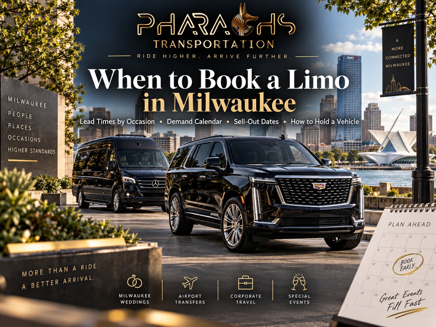 When to book a limo in Milwaukee, with a black Cadillac Escalade and Mercedes Sprinter van on the lakefront, the Milwaukee skyline behind and a planning calendar marked "book early"