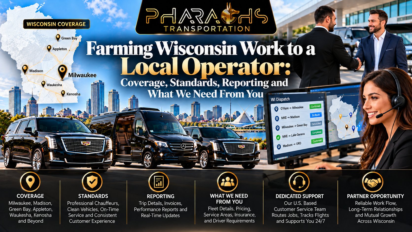Pharaohs Transportation fleet, dispatch team and Wisconsin coverage map for operators farming out Wisconsin ground transportation work