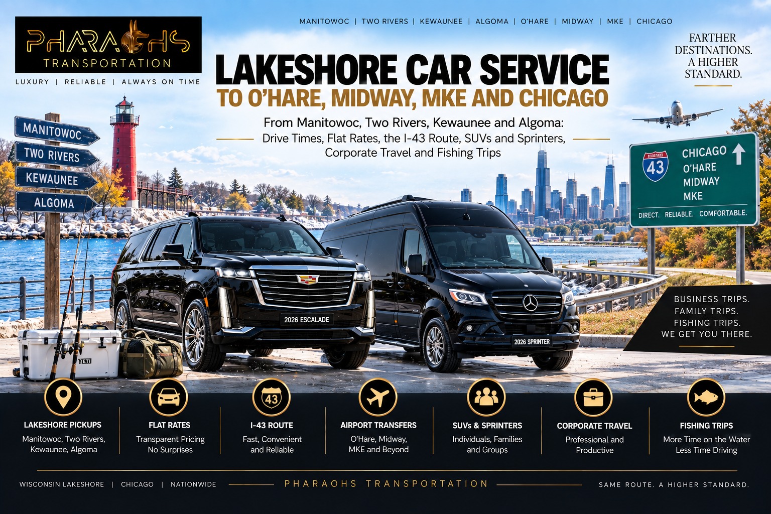 Wisconsin Lakeshore car service to O'Hare, Midway, MKE and Chicago, with a black Cadillac Escalade and Mercedes Sprinter van by a Lake Michigan lighthouse and signs for Manitowoc, Two Rivers, Kewaunee and Algoma