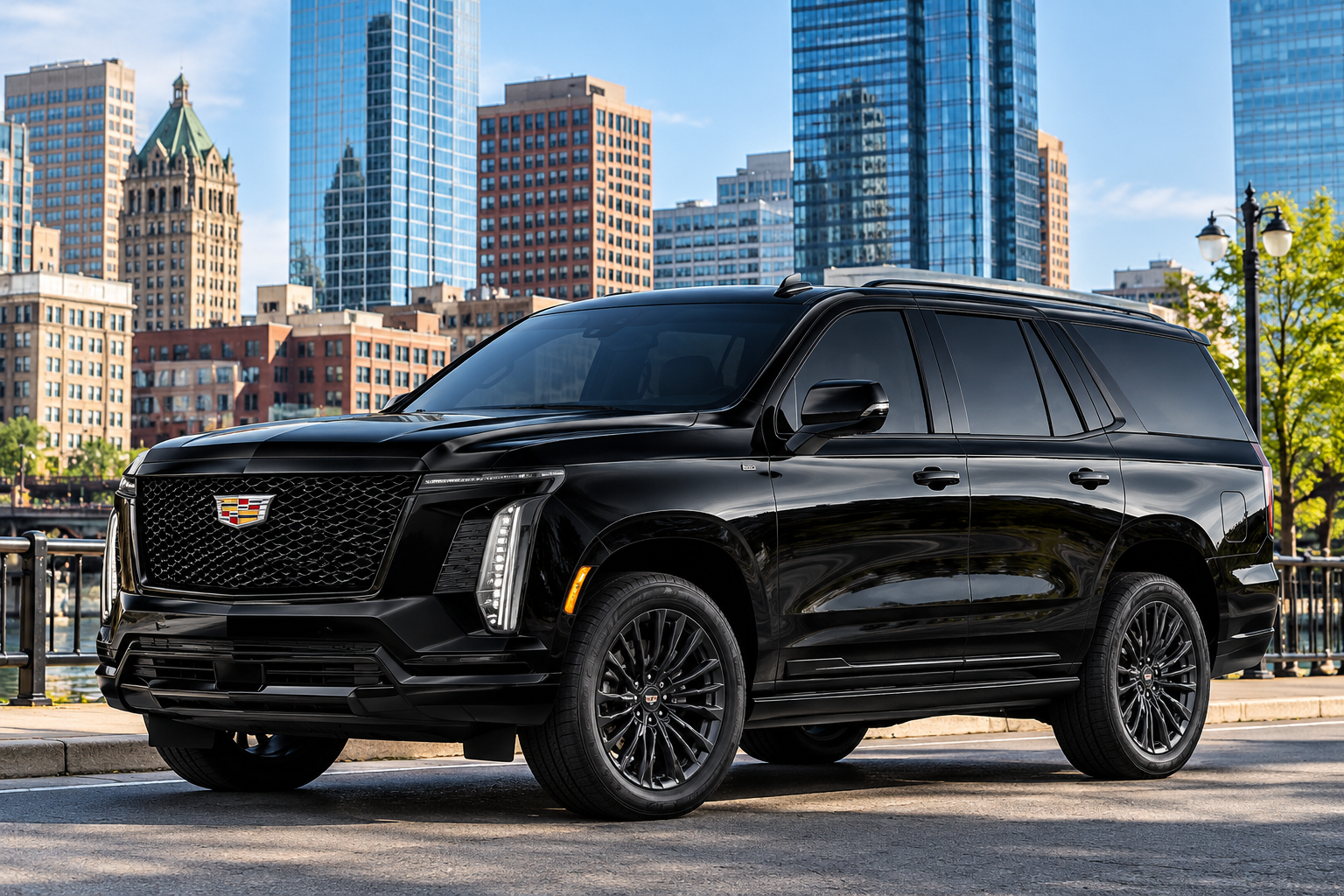 Black Cadillac Escalade parked in downtown Milwaukee with the city skyline and riverfront in the background.
