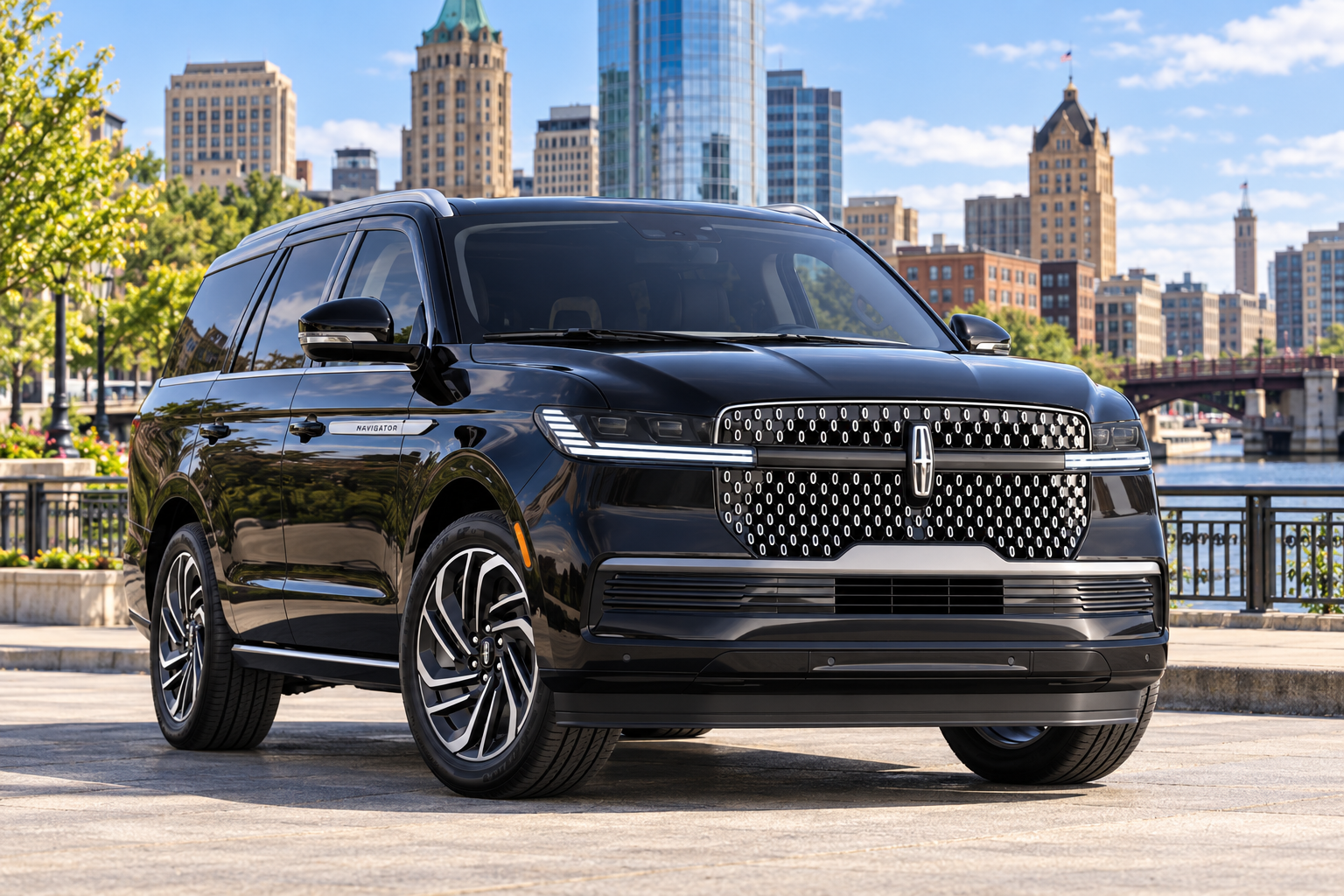 Black Lincoln Navigator parked in downtown Milwaukee with the city skyline and riverfront in the background.