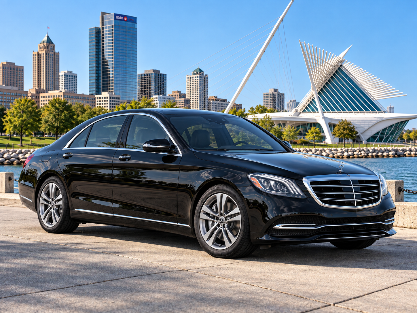 Black Mercedes-Benz S-Class parked along the Milwaukee waterfront with the downtown skyline in the background.