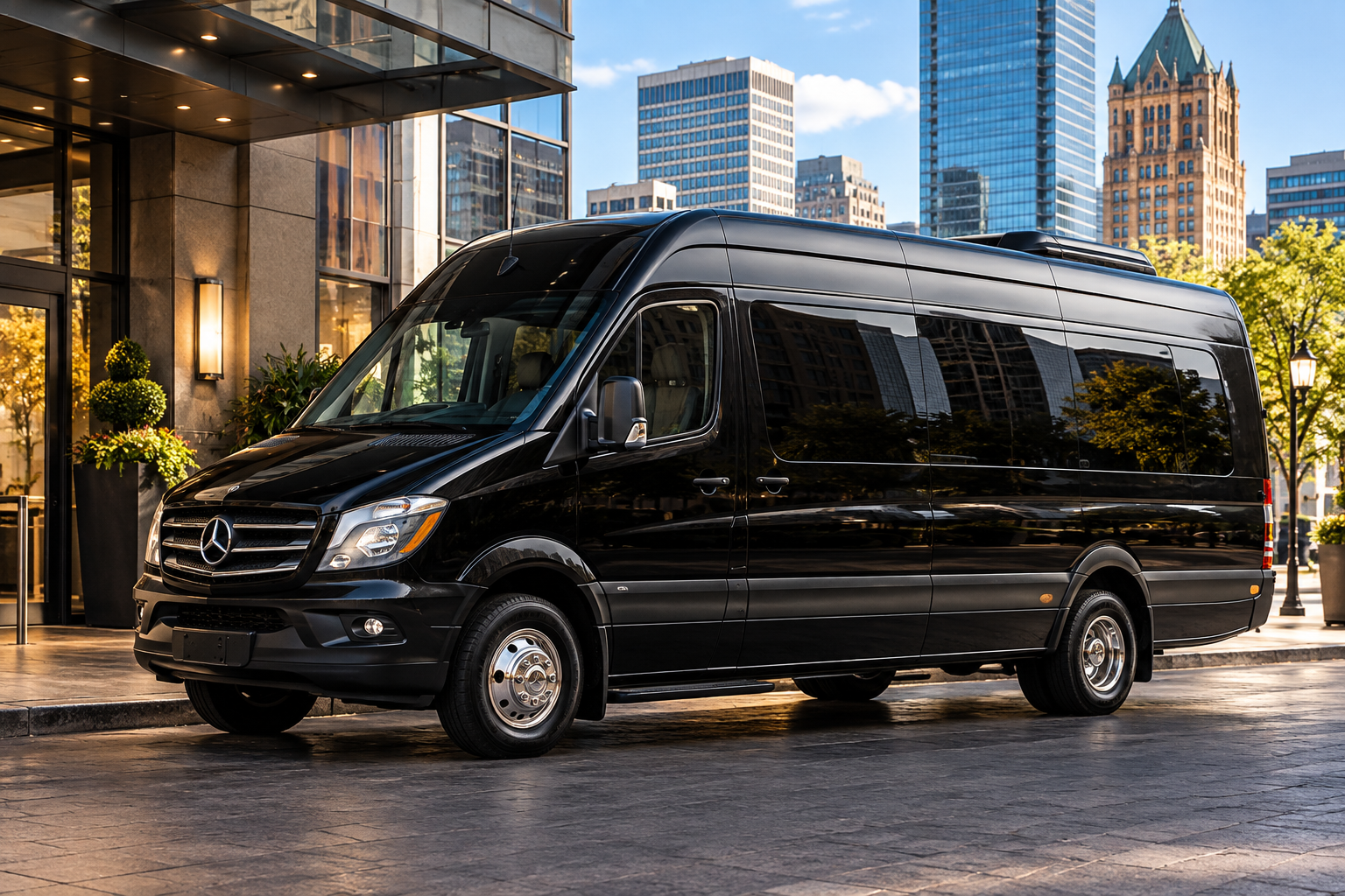 Black Mercedes-Benz Sprinter van parked in downtown Milwaukee with the city skyline in the background.