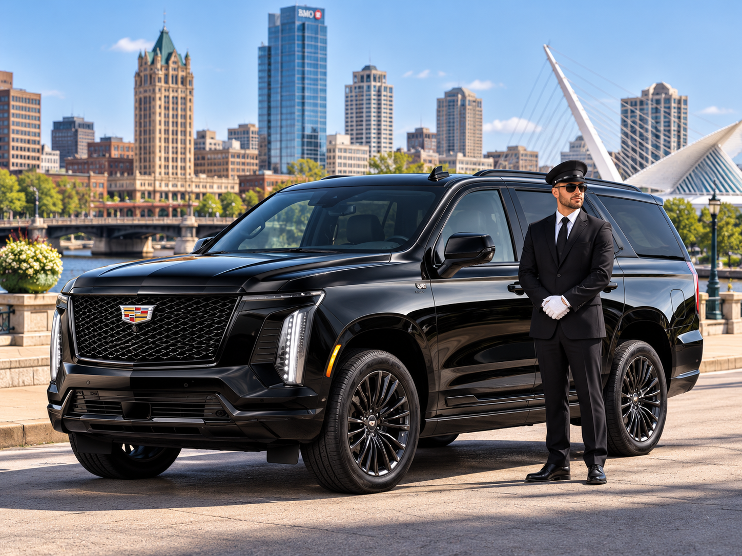 Professional chauffeur standing beside a black Cadillac Escalade in downtown Milwaukee with the city skyline in the background.