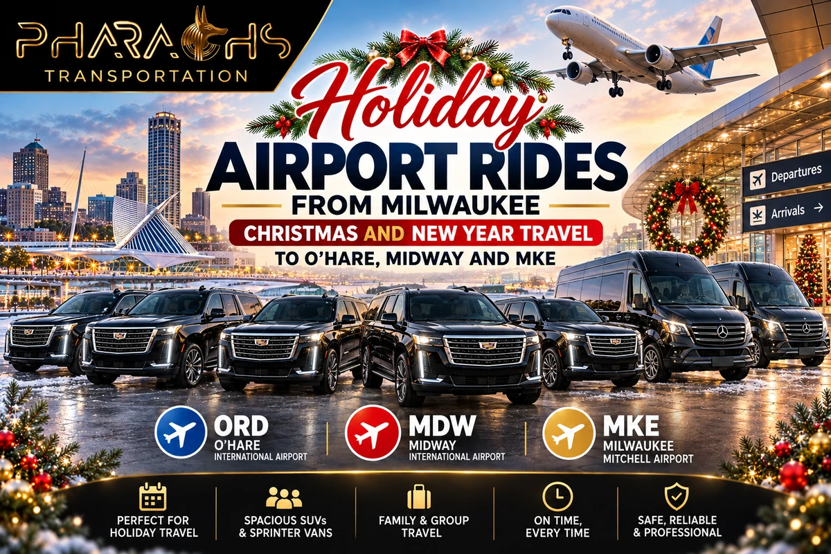 Pharaohs Transportation holiday airport rides from Milwaukee to O’Hare, Midway and MKE in black Cadillac Escalade SUVs and Sprinter vans