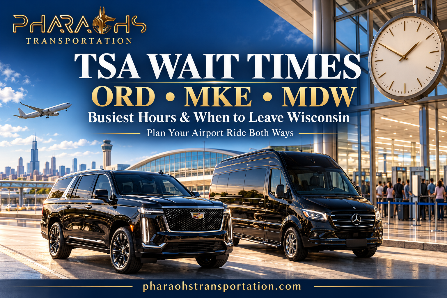 Pharaohs Transportation Cadillac Escalade and Mercedes-Benz Sprinter outside an airport, illustrating TSA wait times at O’Hare, Milwaukee Mitchell, and Midway.