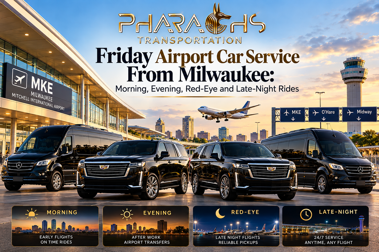 Friday airport car service from Milwaukee by Pharaohs Transportation featuring luxury Cadillac Escalade SUVs and Mercedes-Benz Sprinter vans for morning, evening, red-eye, and late-night rides to MKE, O'Hare, and Midway airports.