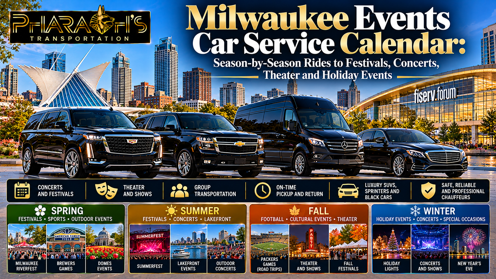 Pharaoh’s Transportation Milwaukee events car service calendar with black SUVs, a Sprinter van and a sedan, covering spring, summer, fall and winter festivals, concerts, theater and holiday events